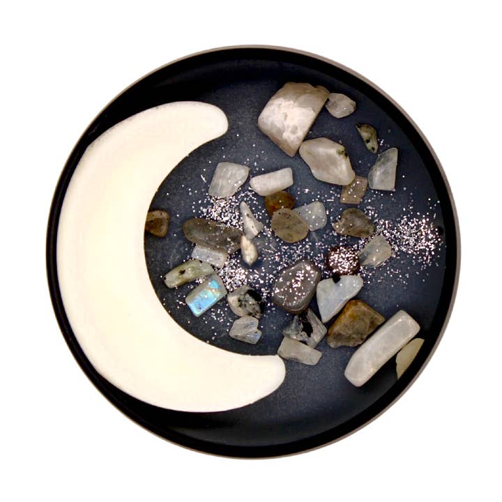 WANING MOON MAGIC CRYSTAL CANDLE - Rainbow Moonstone Top for wholesale by Energy Wicks
