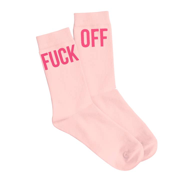 Pair of "fuck off" pink girl socks for wholesale by Fisura