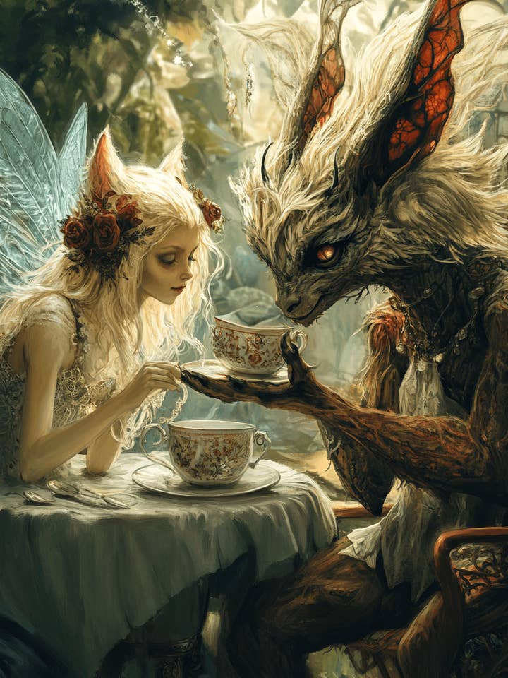 Tea Time Chupacabra and Fairy - Mythical Beasts Wall Art Prints – 8″x10″ Artwork for 11″x14″ Frame for wholesale by Mowbi