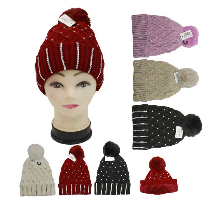 Gorro com Pom Pom e Decoração de Strass H20-45.. (12PC) por atacado de TAPA fashion