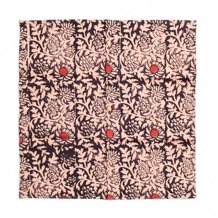 Hummus Floral Red Rust Hand Block Print Napkin ( set of 4 ) for wholesale by Variously