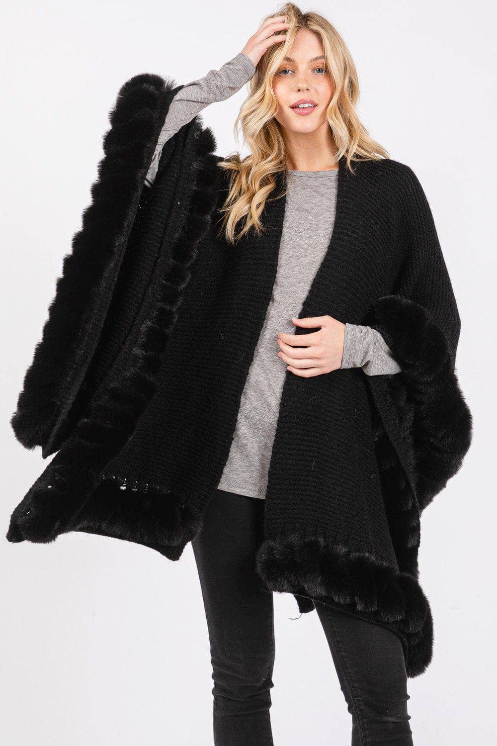 MiMi Wholesale - Wholesale Cape - Women's - MS0409 Brenda Fine Knit Faux Fur Hook & Eye-Closure Cape11