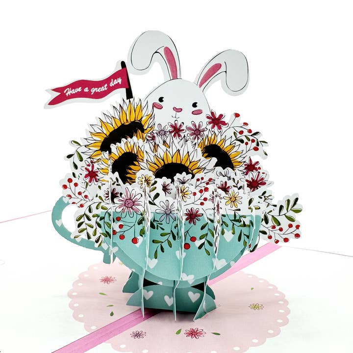 Sunny Bunny Bloom: A Pop-Up Greeting Card for wholesale by Teabug Cards