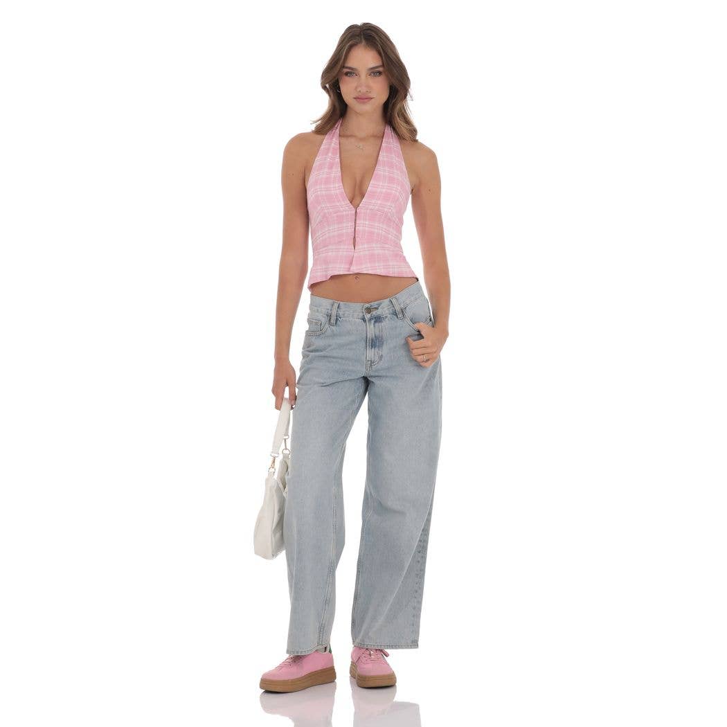 Lucy In The Sky - Wholesale Dress - Women's - Plaid V-Neck Halter Top in Pink3