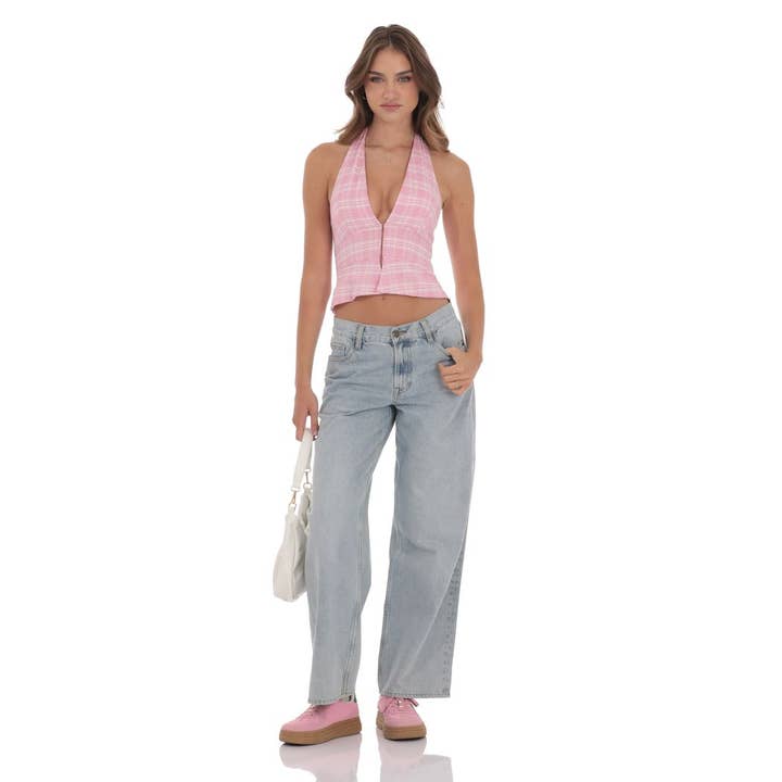 Lucy In The Sky - Wholesale Dress - Women's - Plaid V-Neck Halter Top in Pink3