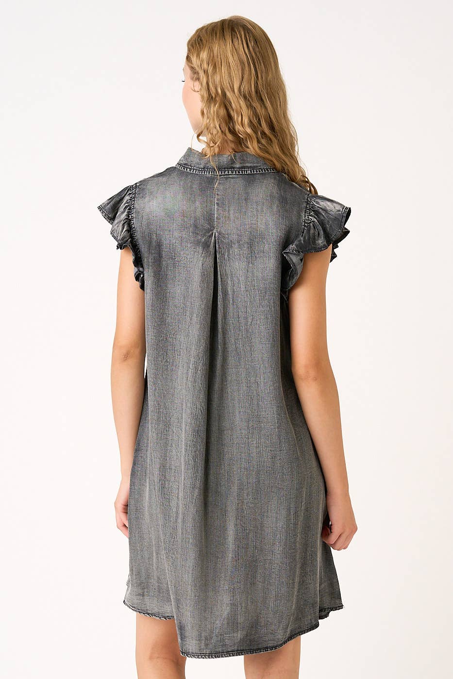 mittoshop - Wholesale Dress - Women's - WASHED CHAMBRAY RUFFLE SLEEVE BUTTONED MINI DRESS13