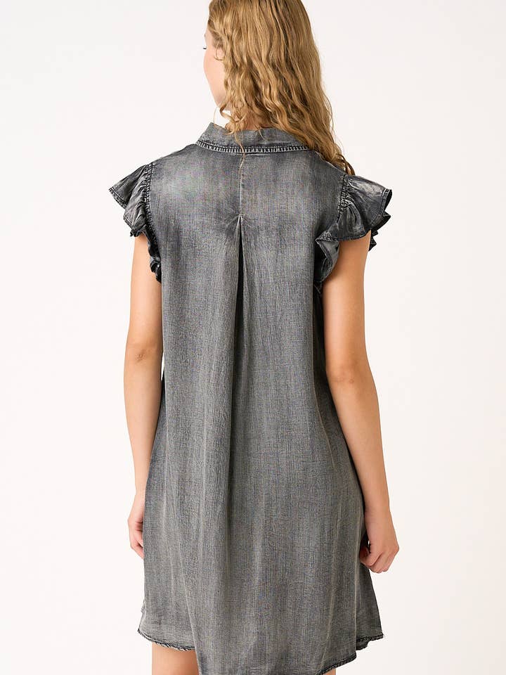 mittoshop - Wholesale Dress - Women's - WASHED CHAMBRAY RUFFLE SLEEVE BUTTONED MINI DRESS13