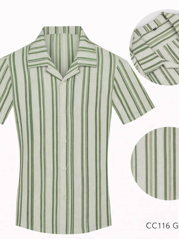 Chemise à manches courtes à col cubain à rayures vertes pour la vente par Perruzo