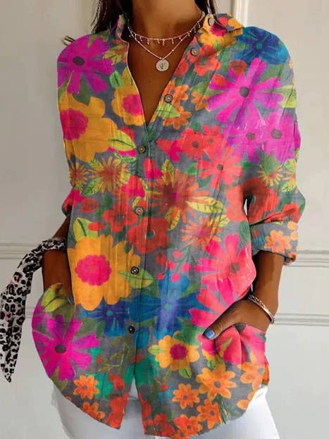 Rosa Clothing - Wholesale Shirt - Women's - Women Vintage Floral Print Long Sleeve Casual Boho Blouse16