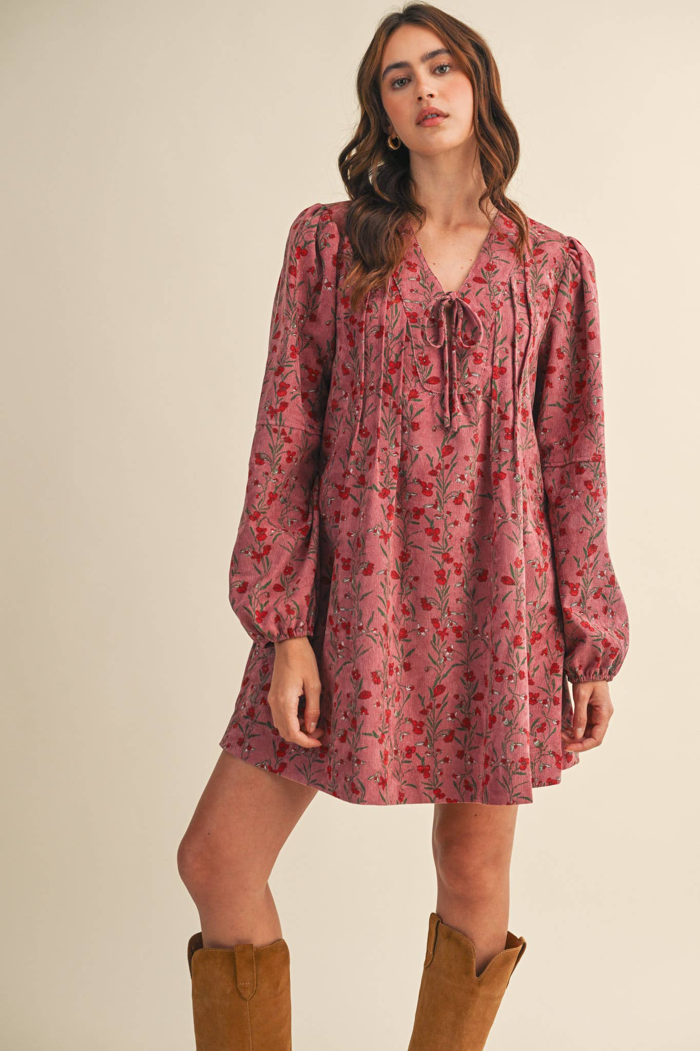 &MERCI - Wholesale Dress - Women's - FLORAL CORDUROY MINI DRESS MDR440910