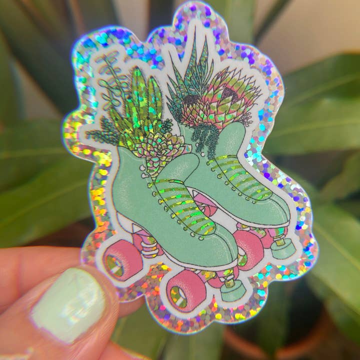 Succulent Roller Skate Glitter Waterproof Vinyl Sticker for wholesale by Create & Skate Factory