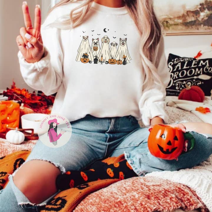 Johnny and June Tees - Wholesale Graphic Sweatshirt - Women's - Ghost Dog Halloween Sweater, Dog Halloween Costume, Funny