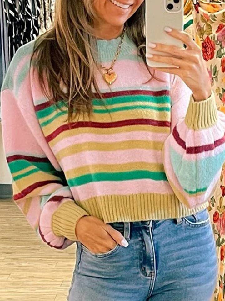 Flerfärgad Flerfärgad randig stickad ribbad kant boxig passform kort tröja för wholesale på Faire0