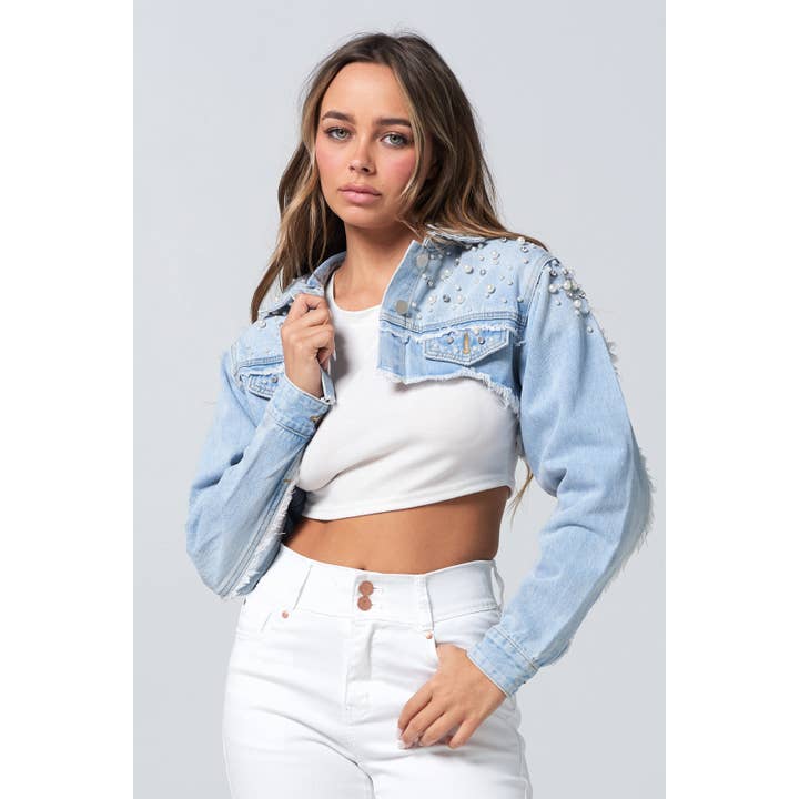 Blue Turtle - Wholesale Denim Jacket - Women's - Diamond Pearl and Rhinestone Super Crop Denim Jacket Light JK2207