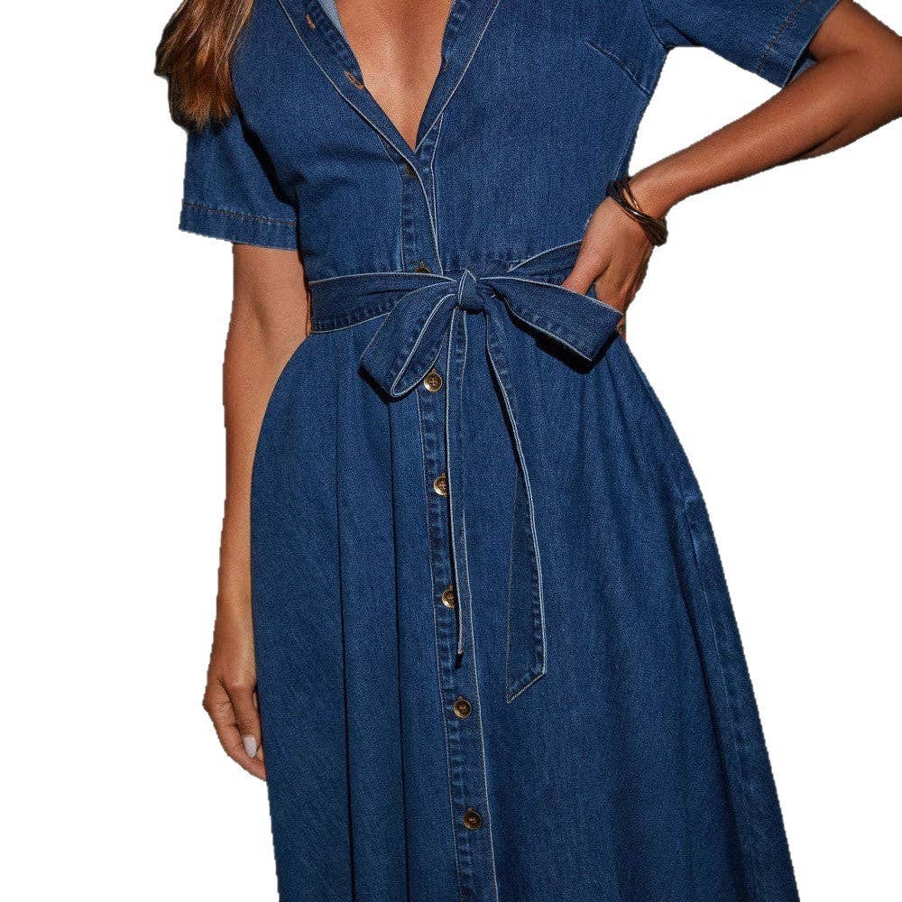 Navy Blue 2025 NEW Vintage VNeck Denim Dress Chic French Elegance for wholesale on Faire0