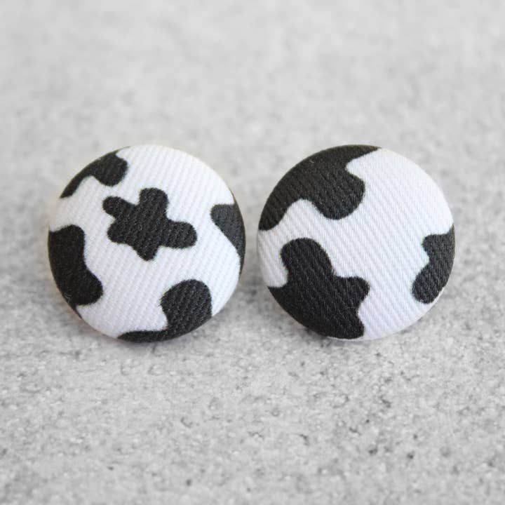 Bold 7/8 Inch Cow Print Fabric Button Earrings for wholesale by Rachel O's