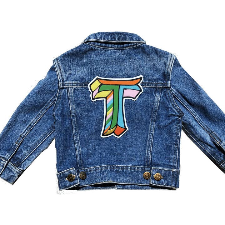 Kids Custom Denim Jacket- Judy Andrews X Mega Initial for wholesale by PATCHYTIGER