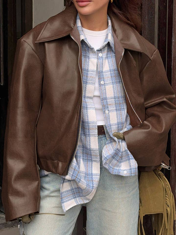 Mccolin - Wholesale Leather Jacket - Women's - Zip-Front Cropped Faux Leather Jacket0