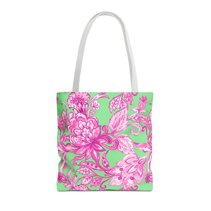 Pink & Green Floral Tote bag. Available in 3 sizes. for wholesale by Lyn Roma
