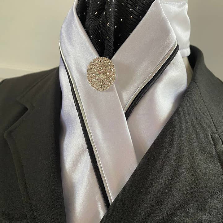 Heavenly Horse Designs - Wholesale Necktie – Men’s - HHD Custom White Satin Pretied Stock Tie Black & Silver Bling1