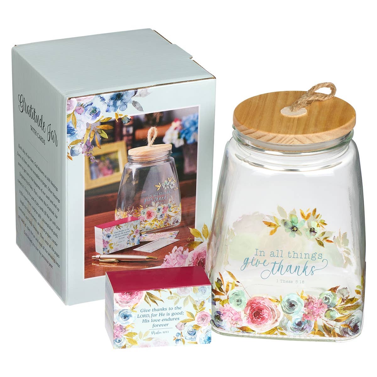 Christian Art Gifts - Wholesale Jar - Give Thanks Pink Ranunculus Glass Gratitude Jar with Cards -1