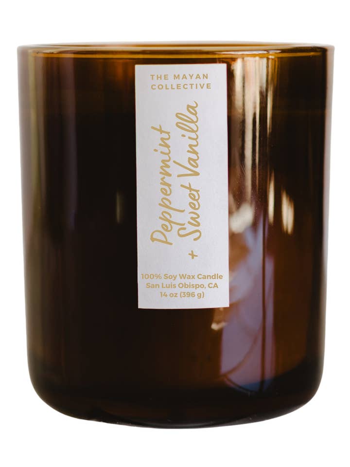 Peppermint + Sweet Vanilla Soy Wax Candle 14 oz for wholesale by The Mayan Collective