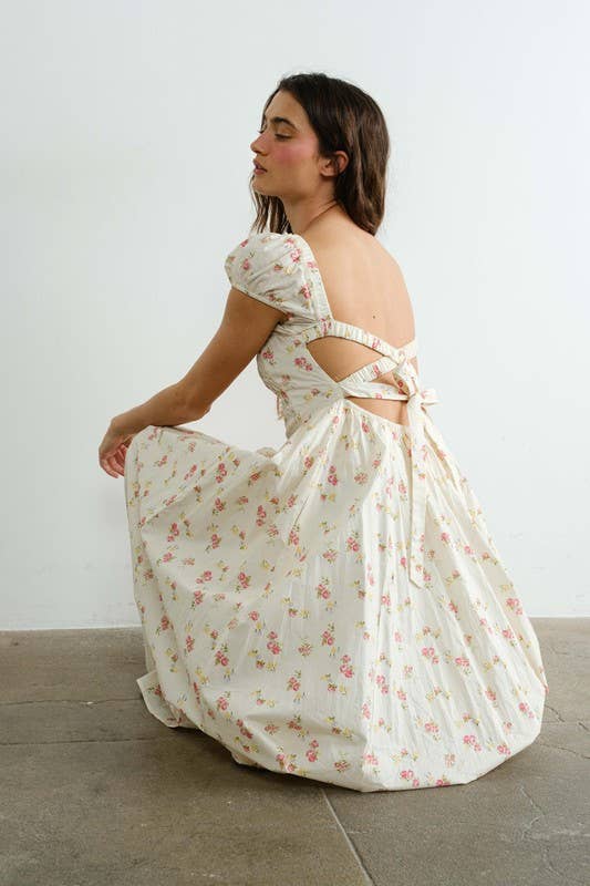 Cream MD2220 Floral Smocked Top Piecing Maxi Dress
 for wholesale on Faire2