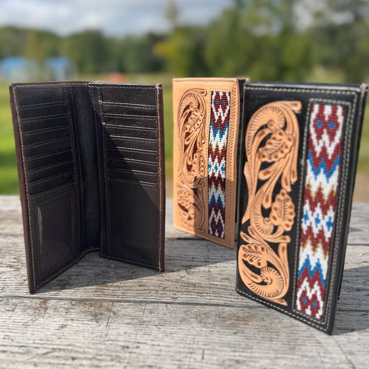 Double B Wild Rags - Wholesale Wallet - Men's - Men’s Western bi-fold Long Wallet tooled and Seed Bead details by Double B Wild Rags2