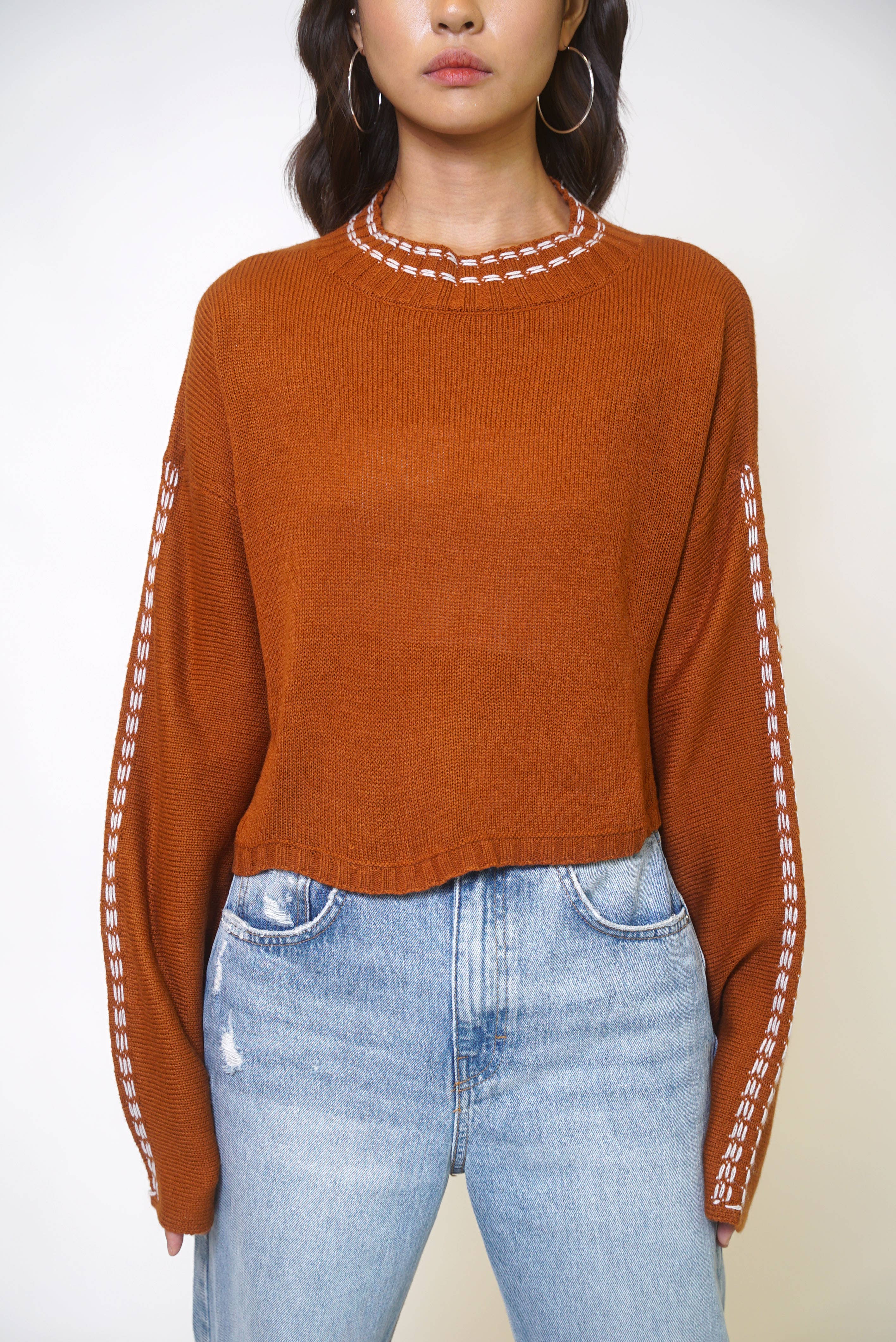 Sweet Rain - Wholesale Knit Sweater - Women's - Stitch Detailing Crew Neck Sweater7