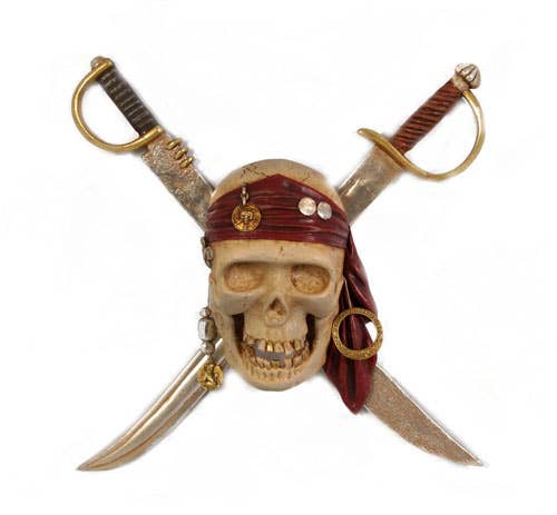 Nautical Tropical Imports - Wholesale Sculpture - Pirate Pillage Skull With Swords Wall Mount Sculpture 24"h0