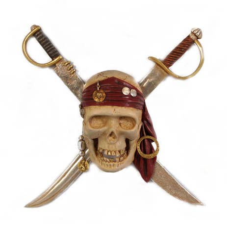 Nautical Tropical Imports - Wholesale Sculpture - Pirate Pillage Skull With Swords Wall Mount Sculpture 24"h