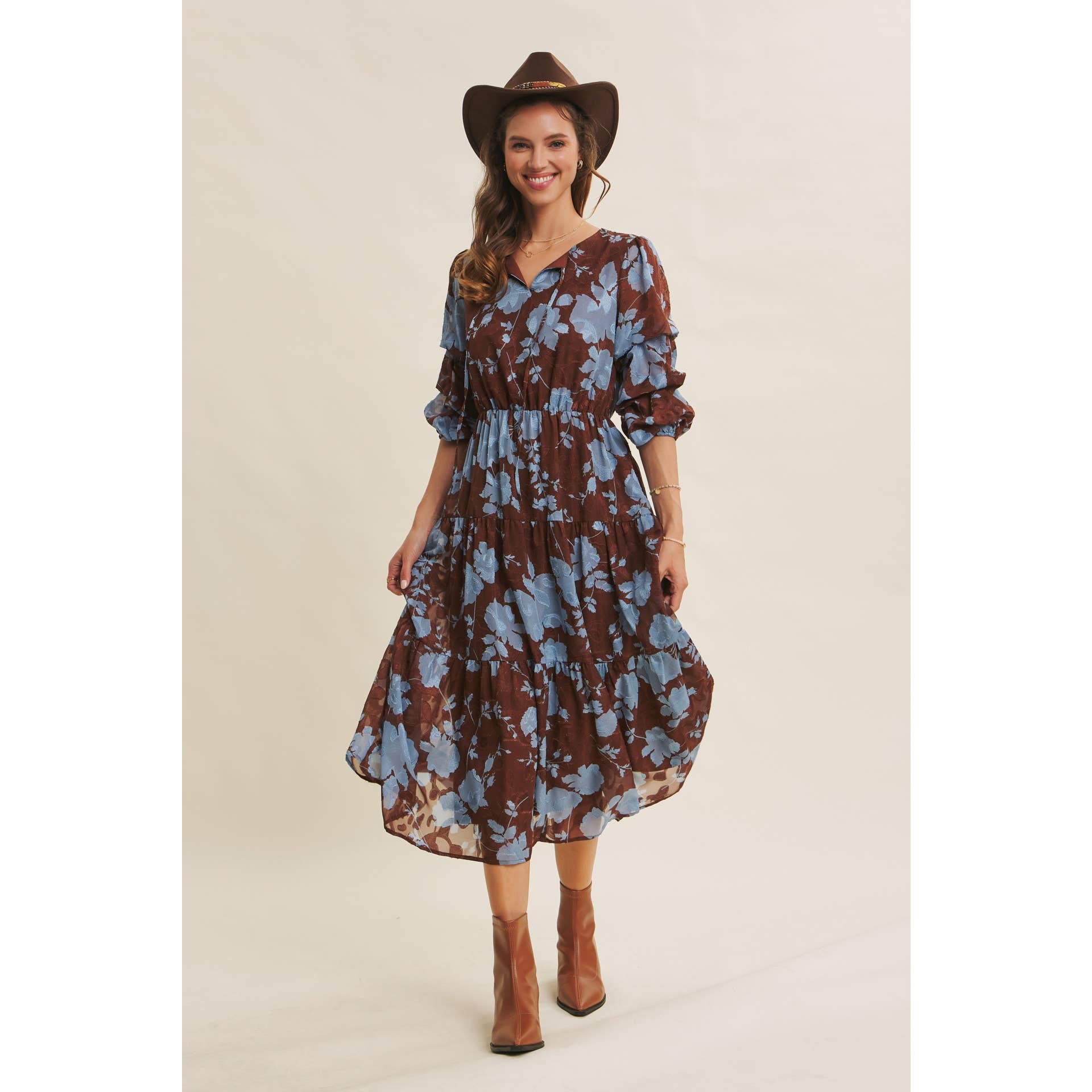 in february - Wholesale Dress - Women's - DREAMY JACQUARD FLORAL MIDI DRESS WITH STATEMENT SLEEVES19