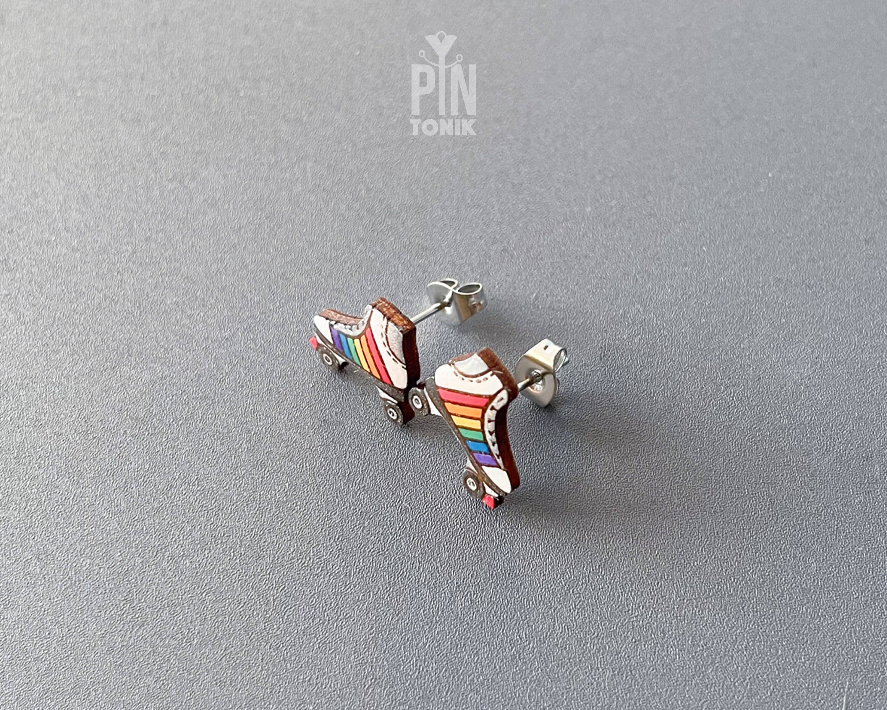 PinTonik - Wholesale Stud/Post Earrings - Retro Roller Skate Pride Flag Wood & Stainless Earrings4