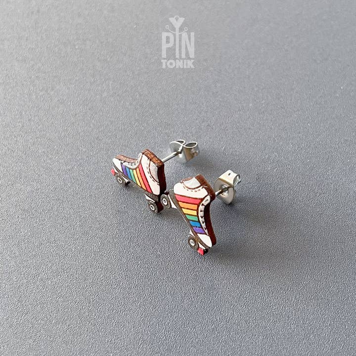 PinTonik - Wholesale Stud/Post Earrings - Retro Roller Skate Pride Flag Wood & Stainless Earrings4