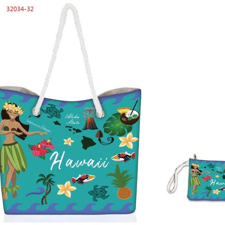 Sac fourre-tout en polyester et coton "Hawaii" Hula avec pochette pour la vente par Bean & Vanilla