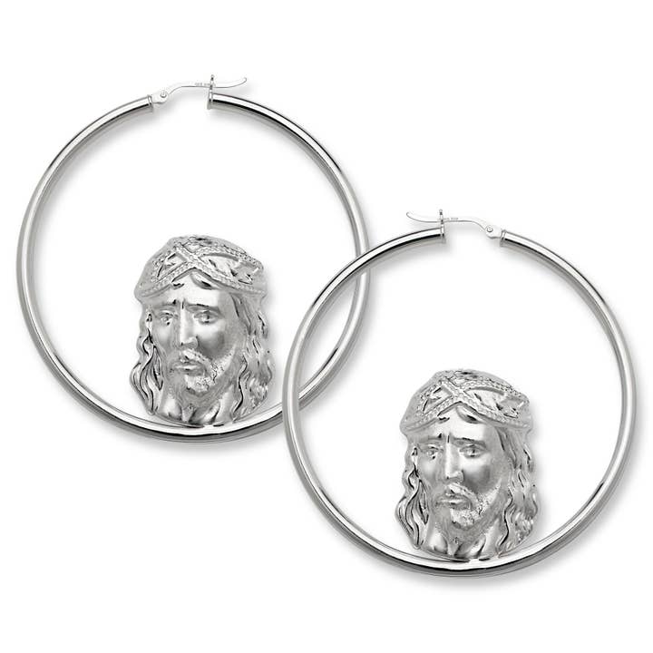 Boucles d'oreilles créoles en argent sterling 925 Jésus pour la vente par Better Jewelry
