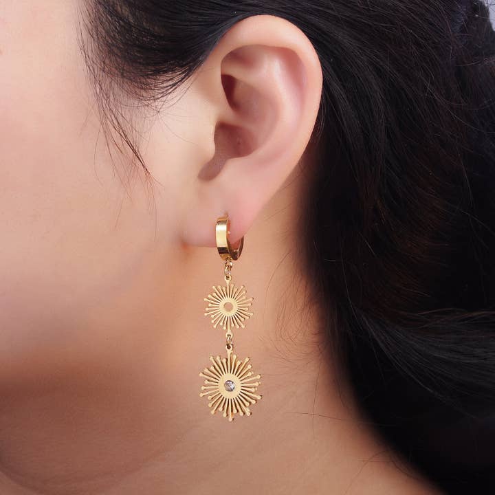 Aim Eternal - Wholesale Huggie Earrings - Stainless Steel 50mm Celestial Sun Ray CZ Huggie Earrings