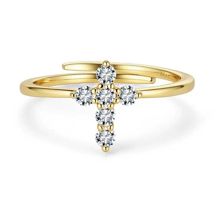 Dainty Cross Moissanite Ring – 925 Sterling Silver Adjustable Open Band for wholesale by Starlight Jewelry
