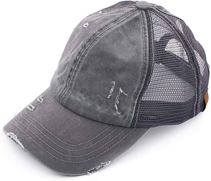 Funky Junque - Wholesale Ponytail Cap - Women's - Classic Back Distressed Ponycap (Washed Grey w/Grey Mesh)1