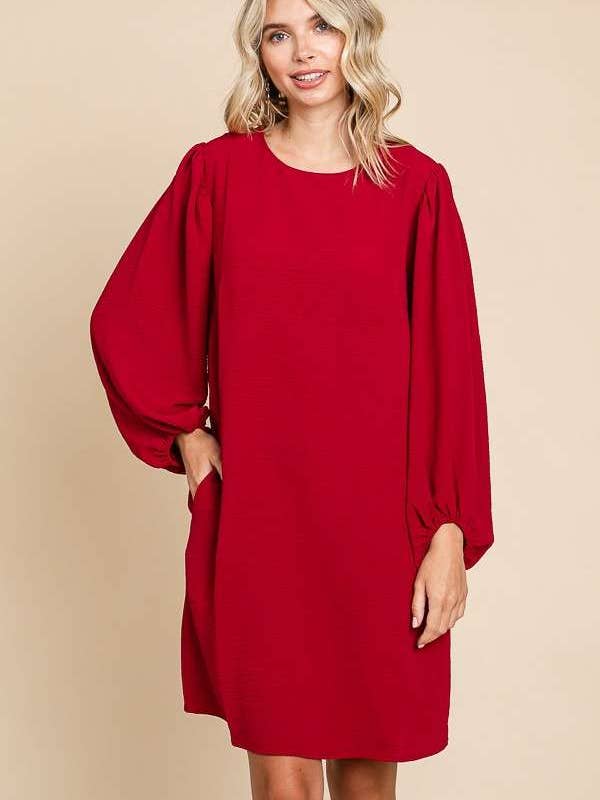 CWD1872L - ROUND NECK POET SLEEVE SHIFT DRESS for wholesale by Culture Code