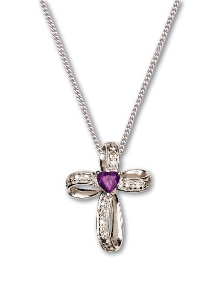 Sterling Silver Ribbon Cross/Genuine Amethyst Necklace, ¾” for wholesale by H.J. SHERMAN COMPANY, INC.