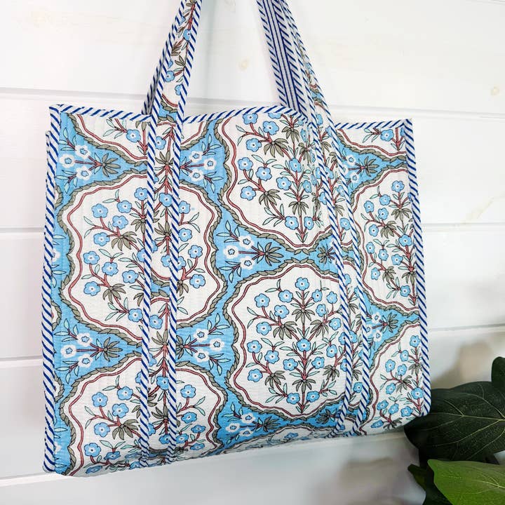 Folklore Couture - Wholesale Tote Bag - Women's - Tote Bags Quilted | Large Travel Tote | Blue Petals Print