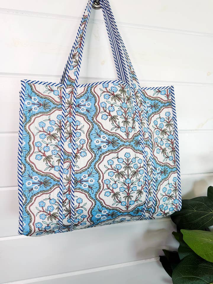 Tote Bags Quilted | Large Travel Tote | Blue Petals Print for wholesale by Folklore Couture