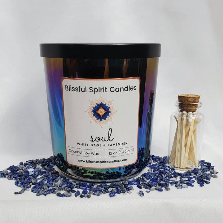Blissful Spirit Candles - Venta al por mayor Velas en tarros - Soul - Cera de soja de coco, mecha de madera con cristales auténticos