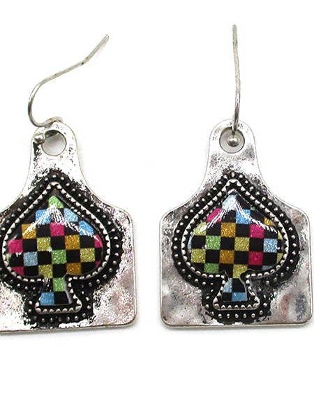 Rainbow Checkered Spade Cattle Tag Dangle Earring for wholesale by Snowing West