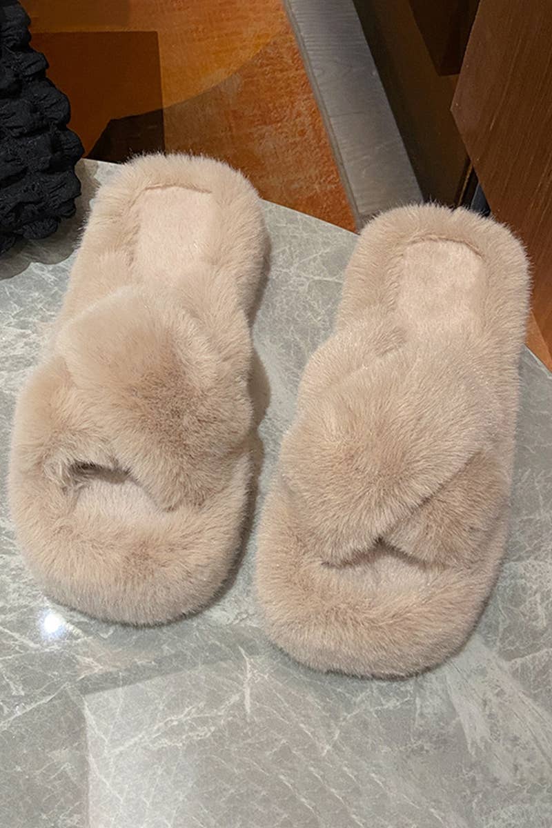 ACCITY - Wholesale Slippers - Women's - CROSS STRAP FLUFFY BEDROOM SLIPPERS_CWSHS02263