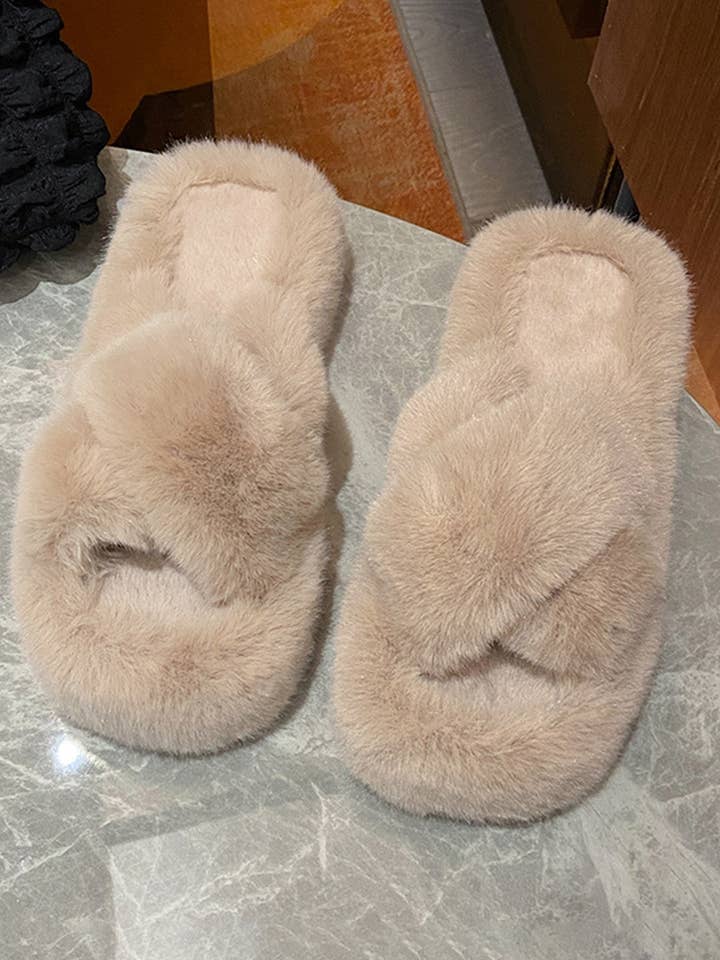 ACCITY - Wholesale Slippers - Women's - CROSS STRAP FLUFFY BEDROOM SLIPPERS_CWSHS02263