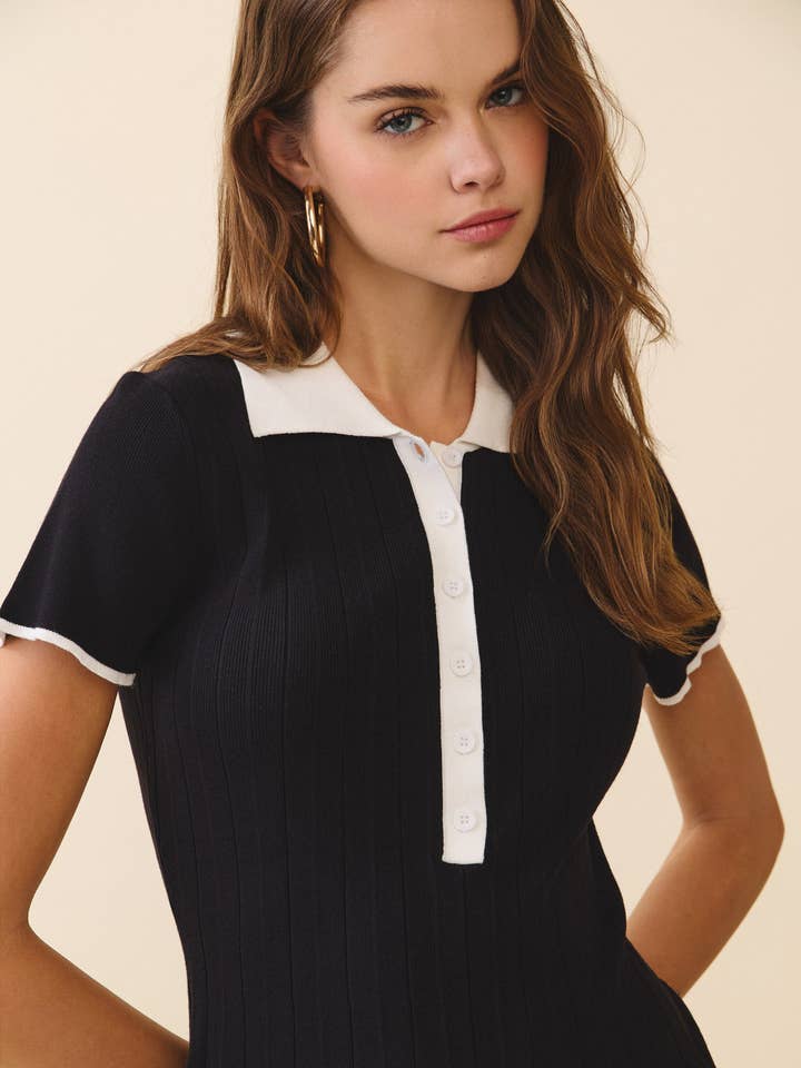 CD06240-Contrast Polo Collar Detail Sleek Knit Mini Dress for wholesale by TCEC