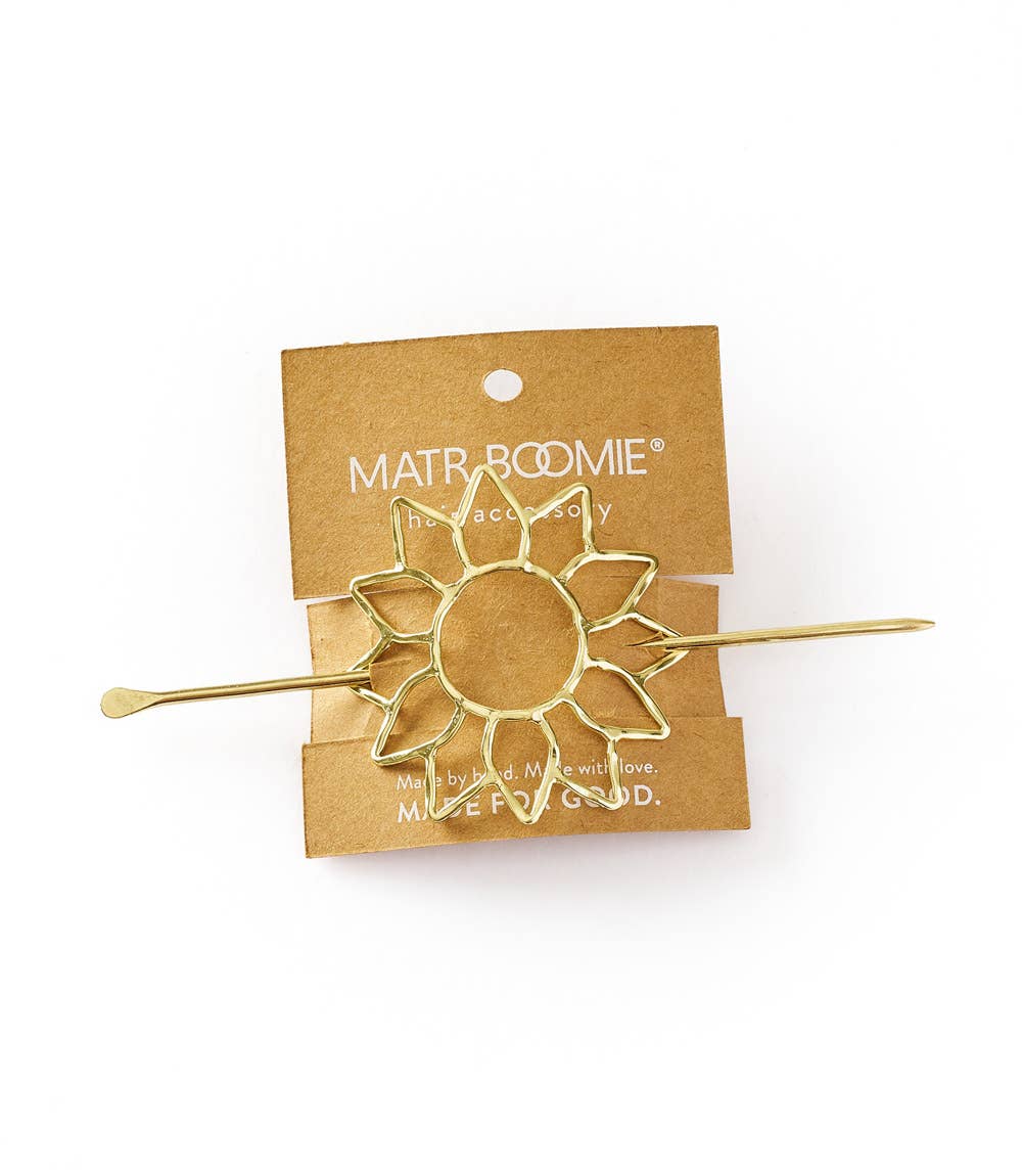 Matr Boomie Fair Trade – Großhandel Haarnadeln – Suryamukhi Haarnadel, Sonnenblumenmotiv, mit Stab, goldfarben2