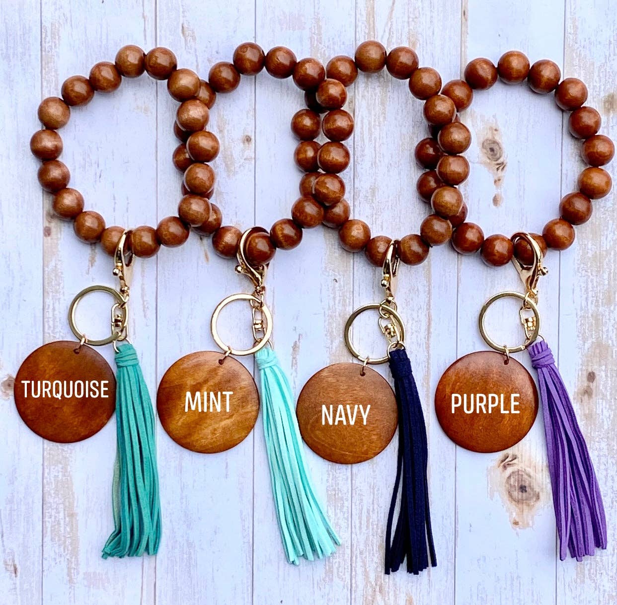 KW Custom Creations - Wholesale Keychain Bracelet - Wooden Beads Wristlet - Suede Tassel Blank0